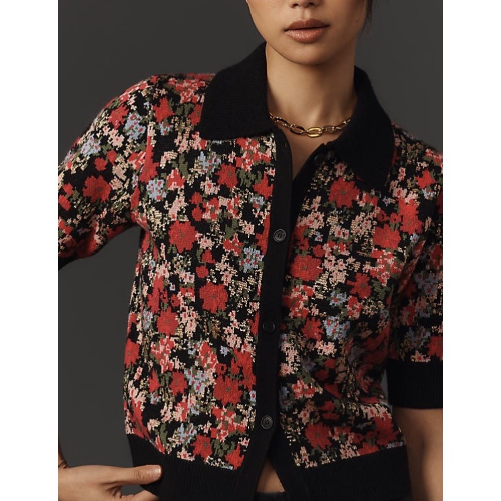 Maeve Kinsley Collarded Cropped Cardigan Eclectic Floral Boho Artsy